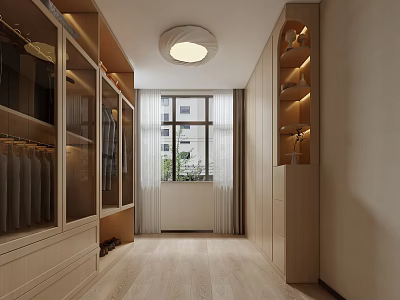 Light Toned Walk-in Closet With Glass Cabinets Built-in Lighting Large Window And Wooden Flooring 3d model