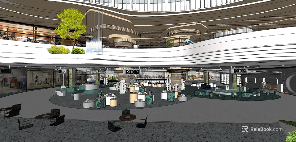 Spacious Modern Shopping Mall Lobby With Greenery Seating Areas And Lighting 3d model 
