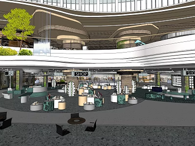Spacious Modern Shopping Mall Lobby With Greenery Seating Areas And Lighting 3d model