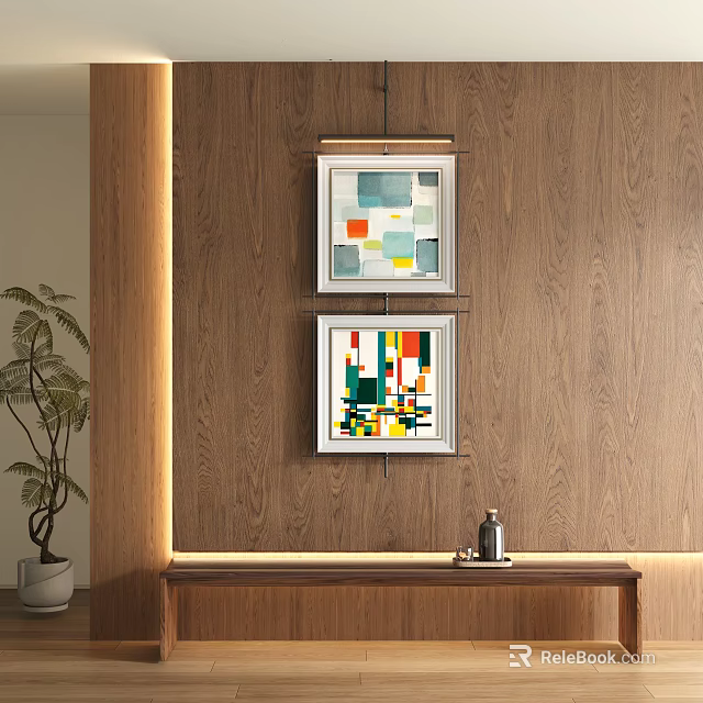 Abstract Paintings Hanging On Wooden Wall With Plant And Side Table Decor 3d model 