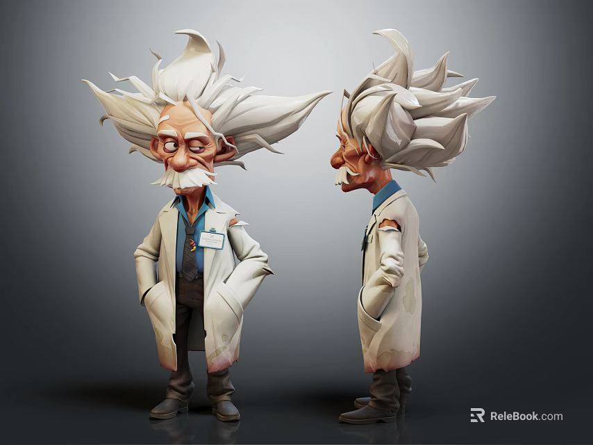 Cartoon Scientist Game Film Character With Wild White Hair Mustache And Lab Coat 3d model 