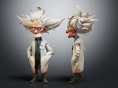 Cartoon Scientist Game Film Character With Wild White Hair Mustache And Lab Coat 3d model