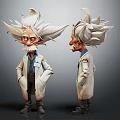 Cartoon Scientist Game Film Character With Wild White Hair Mustache And Lab Coat