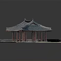 Traditional East Asian Architecture With Tiled Roof Red Pillars And Square Platform