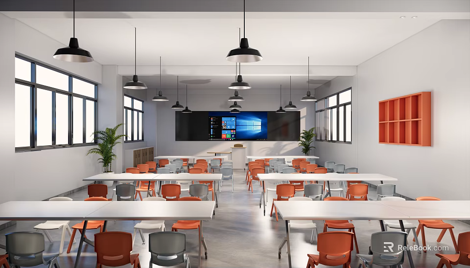 Modern School Classroom With Spacious Tables Colorful Chairs Pendant Lights And Smart Screen 3d model 