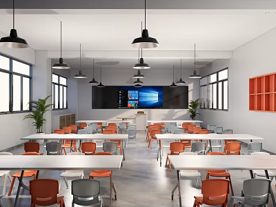 Modern School Classroom With Spacious Tables Colorful Chairs Pendant Lights And Smart Screen 3d model