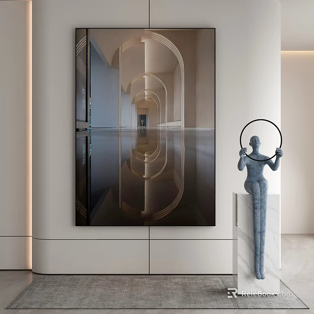Modern Abstract Painting In Minimalist Interior With Sculpture And Ring Design 3d model 