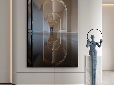 Modern Abstract Painting In Minimalist Interior With Sculpture And Ring Design 3d model