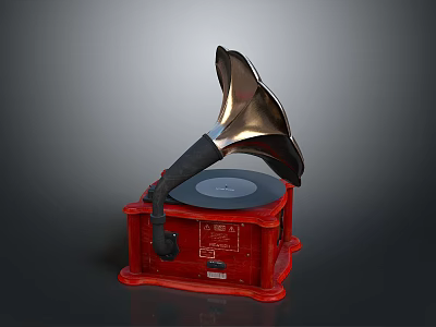 Vintage Phonograph Electronic Appliance With Red Base Black Horn And Vinyl Record 3d model