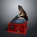 Vintage Phonograph Electronic Appliance With Red Base Black Horn And Vinyl Record