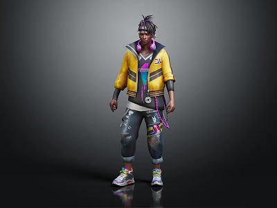 Stylish Character With Yellow Jacket Purple Lining Colorful Hair And Distressed Jeans 3d model