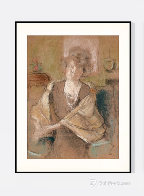 Pastel Portrait Painting of a Woman with Curly Hair Wearing Shawl and Background Vase 3d model 