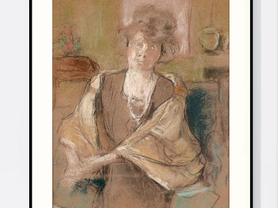 Pastel Portrait Painting of a Woman with Curly Hair Wearing Shawl and Background Vase 3d model