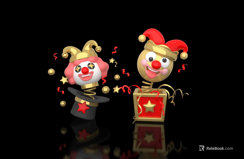 Playful Clown Dolls With Red Hats Star Decorations Streamers And Gift Box On Black Background 3d model 
