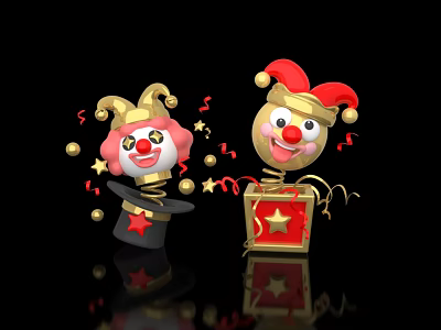 Playful Clown Dolls With Red Hats Star Decorations Streamers And Gift Box On Black Background 3d model