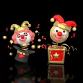 Playful Clown Dolls With Red Hats Star Decorations Streamers And Gift Box On Black Background