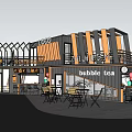 Modern Bubble Tea Shop Exterior With Outdoor Seating Night View And Wooden Accents Lighting