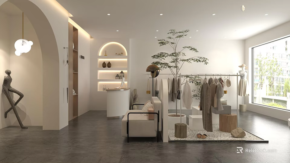 Modern Clothing Store Interior With Hanging Clothes Racks Sofa And Decorative Plant 3d model 