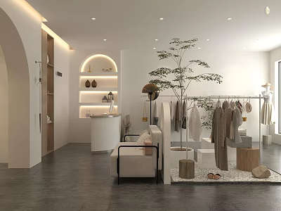 Modern Clothing Store Interior With Hanging Clothes Racks Sofa And Decorative Plant 3d model