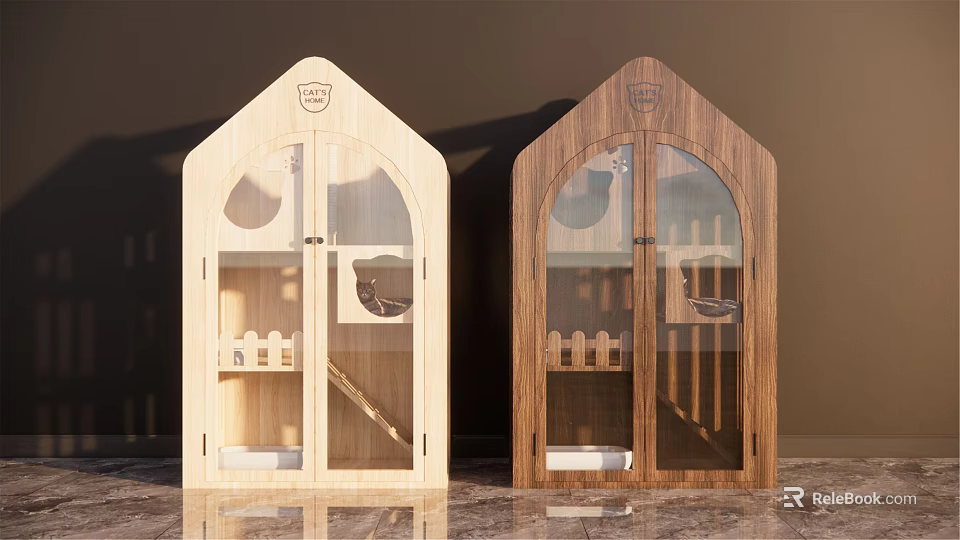 Wooden Pet House With Arch Glass Door And Indoor Stair Platform Design 3d model 
