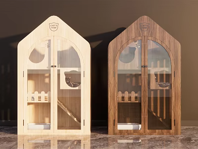 Wooden Pet House With Arch Glass Door And Indoor Stair Platform Design 3d model