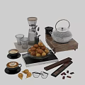 Stylish Ceramic Ware Collection With Teapot Fruit Bowl Coffee Cups And Pears On Wooden Tray