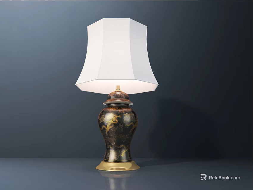 Elegant Table Lamp With White Lampshade And Decorative Patterned Gold Base 3d model