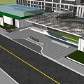 Modern High Rise Residential Community Entrance With Green Belt And Buildings