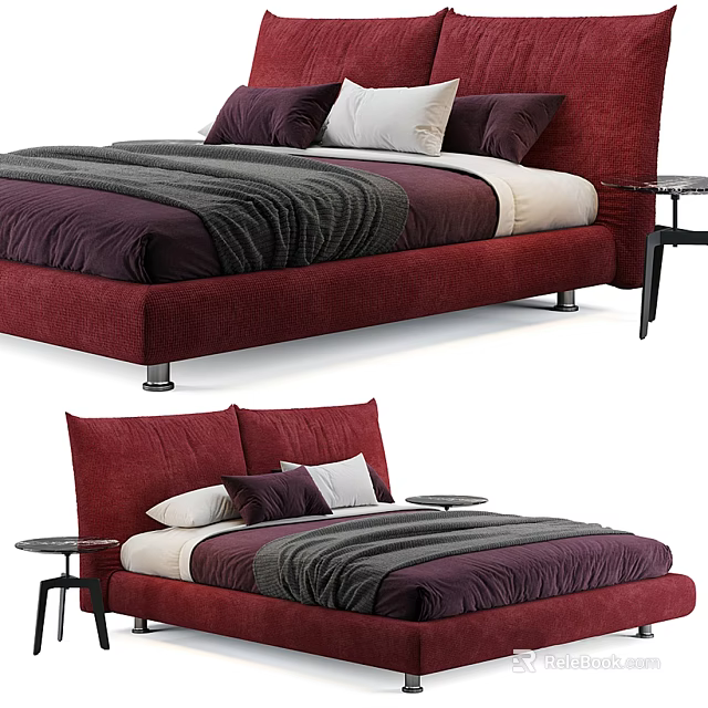 Red Upholstered Double Bed With Purple White Pillows And Gray Blanket 3d model