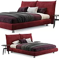 Red Upholstered Double Bed With Purple White Pillows And Gray Blanket 3d model
