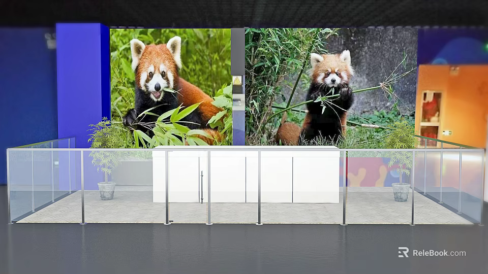 Transparent Display Shelves with Large Screens Showing Red Panda Images and Green Plants 3d model 