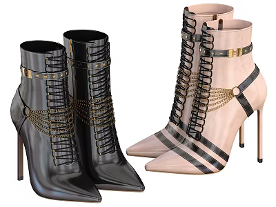 High Heel Ankle Boots Black Beige With Gold Chains Lace Up Pointed Toe Stiletto Heels 3d model