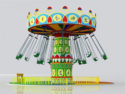 Colorful Amusement Park Carousel Swing Ride With Decorative Patterns Green Seats And Yellow Fence 3d model