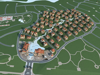 Aerial View Of Detached Villas Community With Greenery And Water Features 3d model