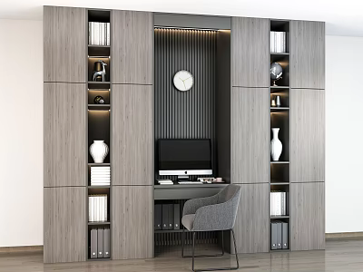 Modern Wooden Bookcase With Workstation Computer Desk Decorative Vases And Wall Clock 3d model