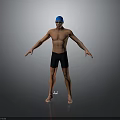 Barefoot Male Swimmer in Blue Cap and Goggles Standing with Outstretched Arms on Gray Background