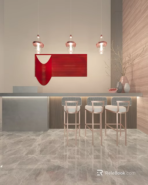 Modern Shop Front Desk Interior With Red Decorative Panel Three Hanging Pendant Lights And Bar Stools 3d model 