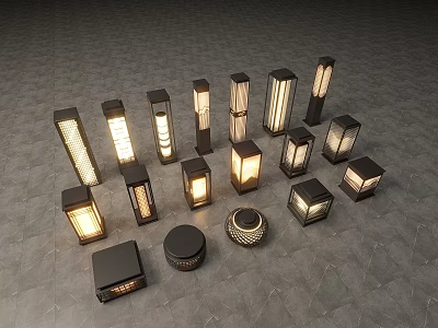 Outdoor Lights With Various Designs Including Square Cylindrical And Grid Shapes Illuminated Arranged On Ground 3d model