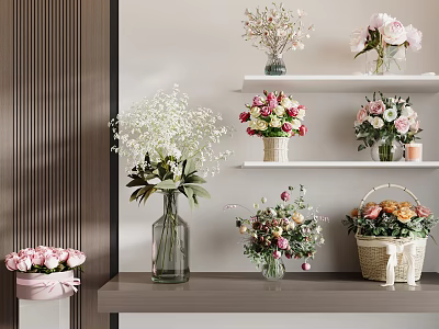 Vase Flowers Decoration On Shelves And Table With Glass Vase And Woven Basket 3d model