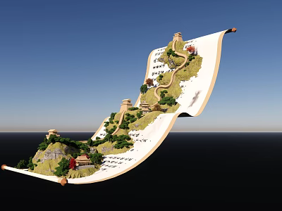 Detailed Scroll Sculpture Carving with Mountain Landscape Ancient Buildings and Trees 3d model