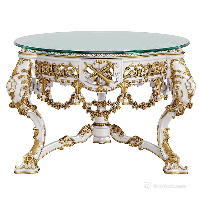 Round Glass Top Coffee Table with White and Gold Ornate Carvings and Classic Design 3d model 