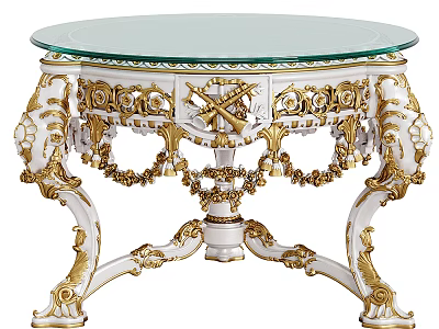 Round Glass Top Coffee Table with White and Gold Ornate Carvings and Classic Design 3d model