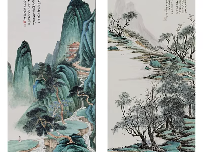 Chinese Landscape Painting With Green Blue Mountains Pine Trees Pavilion Path And Stream 3d model