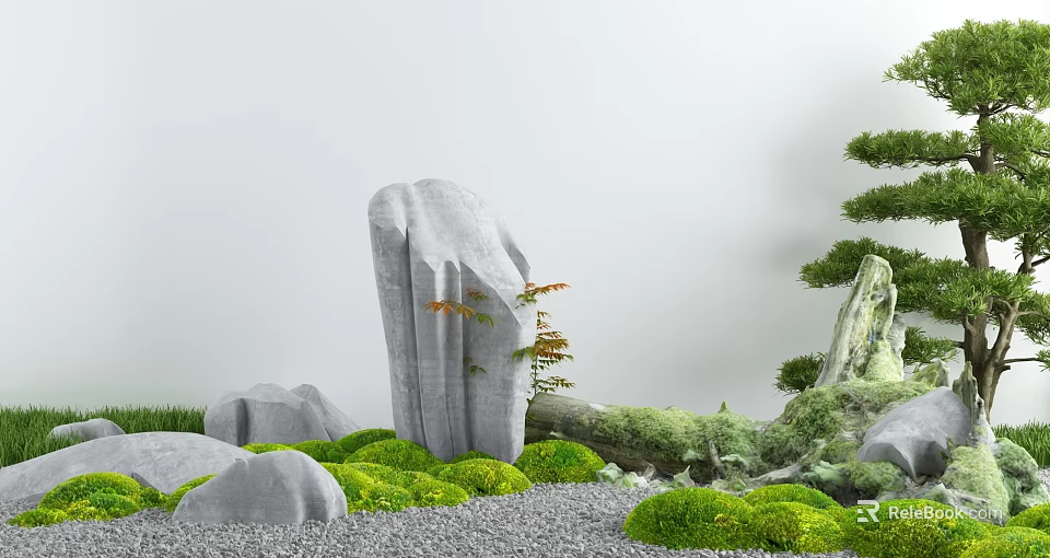 Karesansui Japanese Dry Landscape Garden Featuring Rocks Gravel Moss And Miniature Pine Trees 3d model 