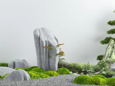 Karesansui Japanese Dry Landscape Garden Featuring Rocks Gravel Moss And Miniature Pine Trees 3d model