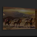 Silk Road Camel Caravan Traveling Through Desert Sunset With Mountain Views