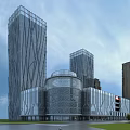 Modern Office Building With Curved Glass Facade And Plaza Area For Pedestrians