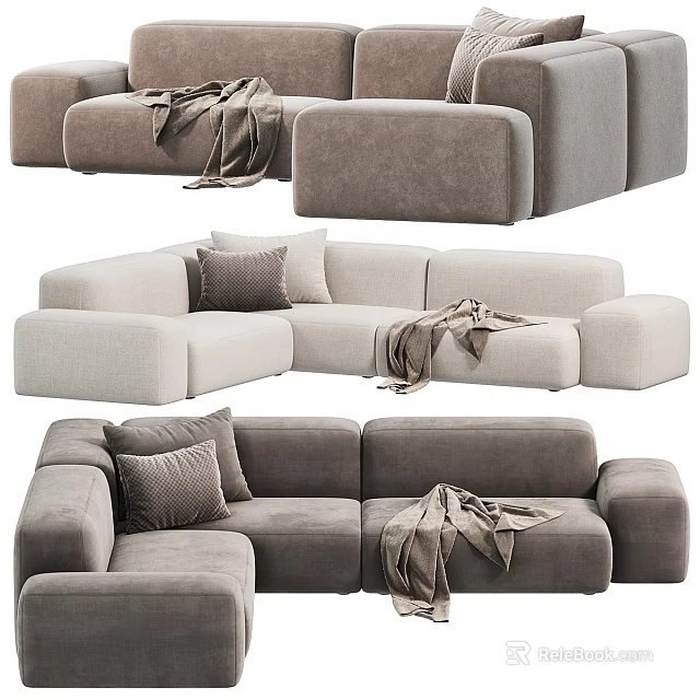 Contemporary Sectional Sofa With Neutral Tones Plush Pillows And Soft Throw Blanket 3d model 