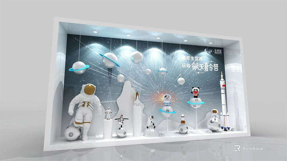 Space Theme Window Display With Astronaut Figures Planet Models Rocket Decor And Starry Background 3d model