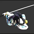 Female Character in Floral Traditional Costume Holding Sword with Modern Sneakers Three Angles